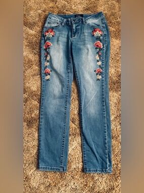 Earl Skinny Ankle Jeans, Sz. 6, Embroidered Flowers on Legs, Light Wash